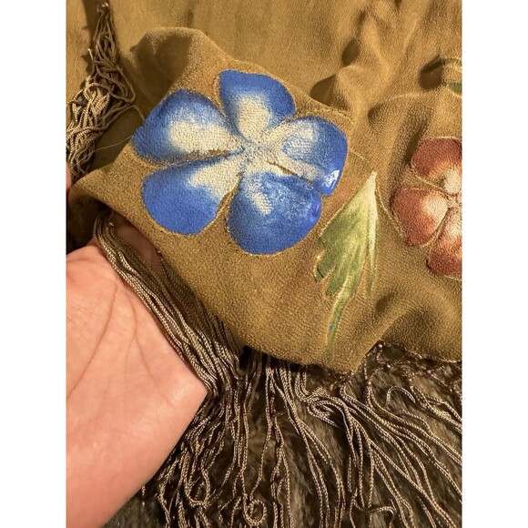 SHAWL BIKINI COVER UP FRINGE SHEER BROWN BEADS HAND PAINTED SCARF SURFACE VTG - Picture 9 of 9